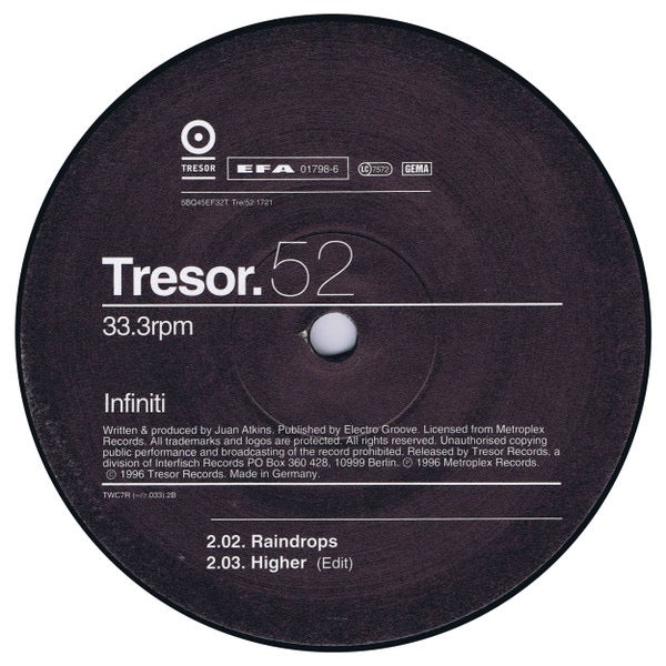 Image of Back Cover of 12" - /G+ - INFINITI, Higher (Tresor; Tresor 52, Germany 1996), Light hairlines and faint marks., A		HigherB1		RaindropsB2		Higher (Edit) - 4216049C