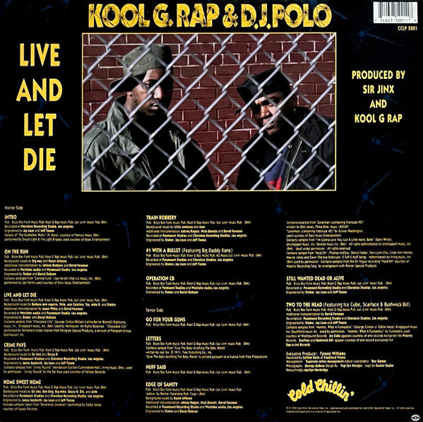 Image of Back Cover of LP - G/G - KOOL G. RAP & DJ POLO, Live And Let Die (Cold Chillin'; CCLP 5001, US 1992), Record marked and scuffed; plays through with some surface noise, the occasional click etc. Sleeve liquid damaged and wavy. Creased and worn at corners; patches of damage on reverse; some residue underneath plastic. Labels have some light damage,  - 3416423C