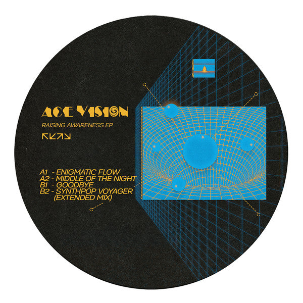 Image of Front Cover of 12" EP - /EX - ACE VISION, Raising Awareness EP (Ace Vision Records; AV002, Netherlands 2024), , Steeped in the sounds of electro disco, italo and new beat, Ace Vision is an artist raised on the synthesizer traditions of Italy. Following on from his debut EP,"Not An Ordinary Story", the musician returns with four pieces of crafted electronics; Snapping percussion lays a path for arcs of melody, bruised bass and computer game chords for the driving energy of �Enigmatic Flow.� The same
