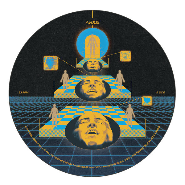 Image of Back Cover of 12" EP - /EX - ACE VISION, Raising Awareness EP (Ace Vision Records; AV002, Netherlands 2024), , Steeped in the sounds of electro disco, italo and new beat, Ace Vision is an artist raised on the synthesizer traditions of Italy. Following on from his debut EP,"Not An Ordinary Story", the musician returns with four pieces of crafted electronics; Snapping percussion lays a path for arcs of melody, bruised bass and computer game chords for the driving energy of �Enigmatic Flow.� The same 
