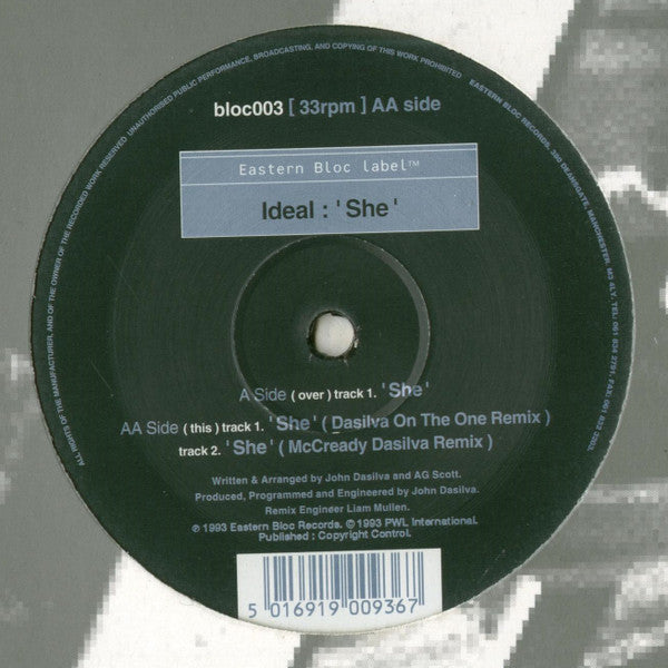 Image of Label Cover of 12" - VG/VG - IDEAL, She (w/ John Dasilva remixes) (Eastern Bloc Records; BLOC 003, UK 1993, Die Cut Company Sleeve), Light marks. Sticker on sleeve,  - 4226053E
