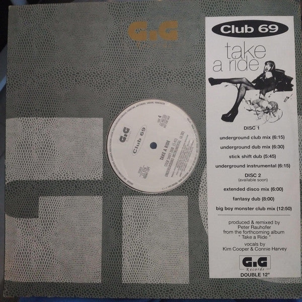 Image of Front Cover of 12" - /VG - CLUB 69, Take A Ride (GiG Records; Gig Pro 020, Germany, Austria, & Switzerland 1993, Stickered Company Sleeve), Plain sleeve with no sticker. Labels state 'side 3/4' but the release is only meant to be 1 disc. Sticker states side 1/2 'available soon'., C1	Take A Ride (Underground Club Mix)C2	Take A Ride (Underground Dub Mix)D1	Take A Ride (Stick Shift Dub)D2	Take A Ride (Underground Instrumental) - 4226056E