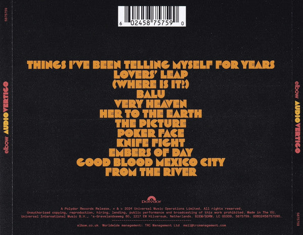 Image of Back Cover of CD - VG+/VG+ - ELBOW, Audio Vertigo (Polydor; 5875759, Europe 2024, Jewel Case), ,  - 4236009E