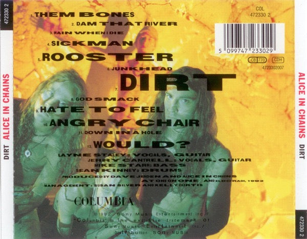 Image of Back Cover of CD - VG+/VG+ - ALICE IN CHAINS, Dirt (Columbia; COL 472330 2, Europe Reissue, Jewel Case), ,  - 4216130C