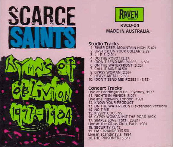 Image of Back Cover of CD - VG+/VG+ - THE SAINTS, Scarce Saints (Hymns Of Oblivion) (1977-1984) (Raven Records; RVCD-04, Australia 1989, Jewel Case), ,  - 4216140C