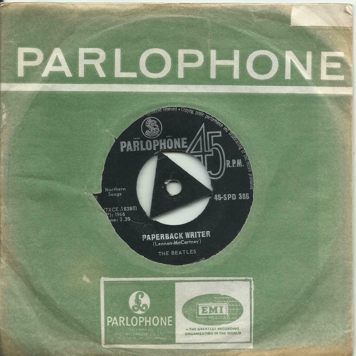 Image of Front Cover of 7" - VG/VG - THE BEATLES, Paperback Writer / Rain (Parlophone Tri-Centre; 45-SPD 386, Rhodesia 1966, Company Sleeve), Strong VG, Tear In Sleeve Opening,  - 4126504E