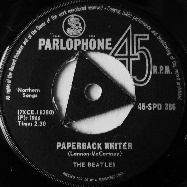 Image of Back Cover of 7" - VG/VG - THE BEATLES, Paperback Writer / Rain (Parlophone Tri-Centre; 45-SPD 386, Rhodesia 1966, Company Sleeve), Strong VG, Tear In Sleeve Opening,  - 4126504E