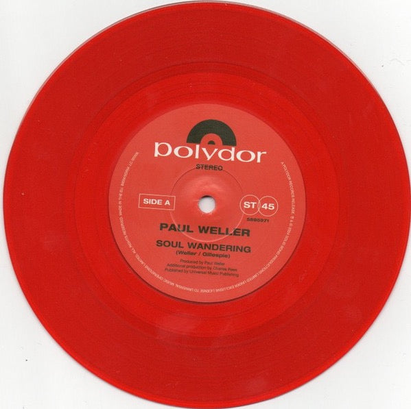 Image of Label Cover of 7" - VG/VG+ - PAUL WELLER, Soul Wandering (Polydor; 5895971, Worldwide 2024, Barcode Stickered Company Sleeve, RSD 2024 Translucent Red Vinyl), Sleeve has light sticker damage & some creases.,  - 4216155C