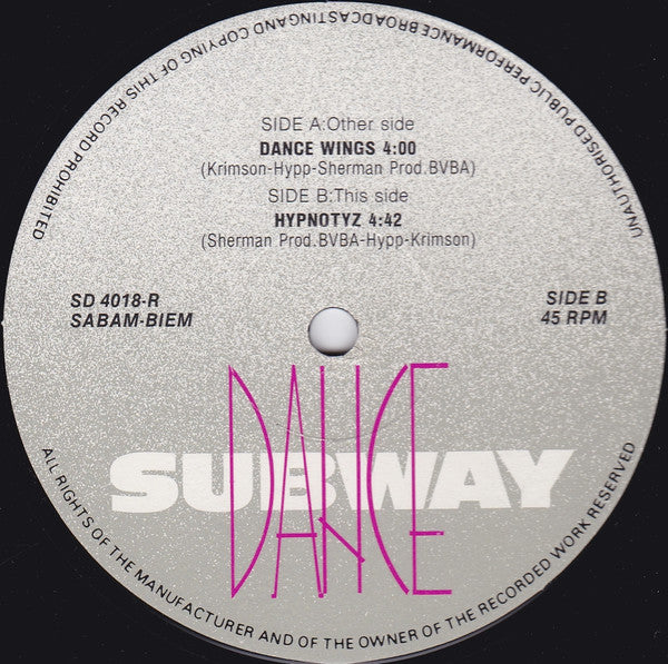 Image of Front Cover of 12" - /G+ - HYPP & KRIMSON, Dance Wings (Subway Dance; SD 4018-R, Belgium 1990), Lots of surface mark, plays VG,  - 4246079S