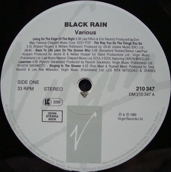 Image of Label Cover of LP - VG/VG - VARIOUS, Black Rain (Original Motion Picture Soundtrack) (Virgin; V 2607, Europe 1989), ,  - 4246122S