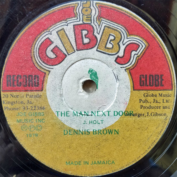 Image of Front Cover of 12" - G+/VG - DENNIS BROWN, The Man Next Door / Three Meals A Day (Joe Gibbs Record Globe; none, Jamaica 1979), Company Sleeve with 2 sides taped up with a few tears. Visible marks on '3 meals a day' side but does not affect play. WOL. Plays great.,  - 4226062E