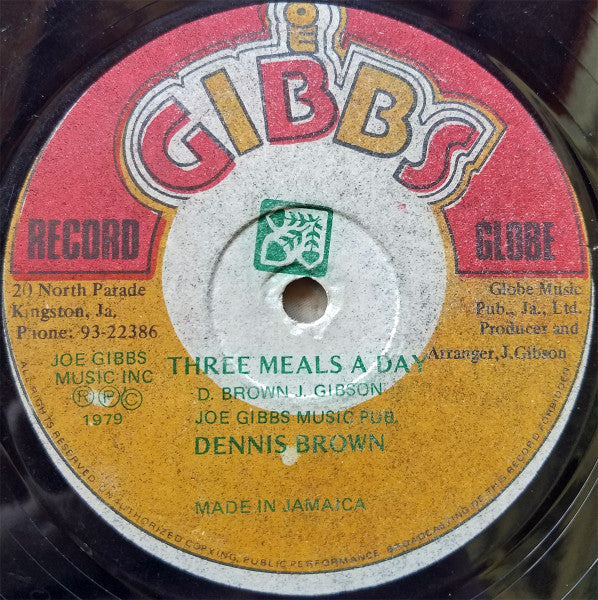 Image of Back Cover of 12" - G+/VG - DENNIS BROWN, The Man Next Door / Three Meals A Day (Joe Gibbs Record Globe; none, Jamaica 1979), Company Sleeve with 2 sides taped up with a few tears. Visible marks on '3 meals a day' side but does not affect play. WOL. Plays great.,  - 4226062E
