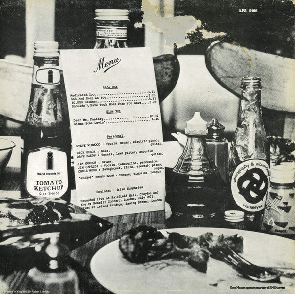 Image of Back Cover of LP - VG/VG+ - STEVE WINWOOD, JIM CAPALDI, DAVE MASON, CHRIS WOOD , RICK GRECH, ''REEBOP'' KWAKU BAAH, JIM GORDON, Welcome To The Canteen (Island Records; ILPS 9166, UK Reissue), ,  - 4246128S