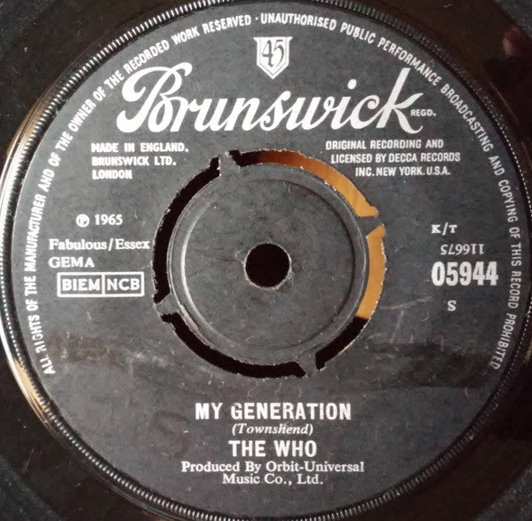 Image of Front Cover of 7" - VG/VG - THE WHO, My Generation / Shout And Shimmy (Brunswick; 05944, UK 1965, Company Sleeve, Mono, Producer Credits Beneath Band Name On Labels), Strong VG Throughout,  - 4126500E
