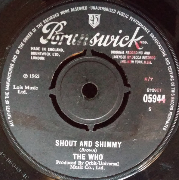 Image of Back Cover of 7" - VG/VG - THE WHO, My Generation / Shout And Shimmy (Brunswick; 05944, UK 1965, Company Sleeve, Mono, Producer Credits Beneath Band Name On Labels), Strong VG Throughout,  - 4126500E