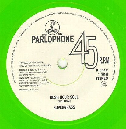 Image of Back Cover of 7" - VG/VG - SUPERGRASS, Rush Hour Soul (Parlophone; R 6612, UK 2003, Picture Sleeve, Sticker, Green Vinyl), ,  - 4216166C
