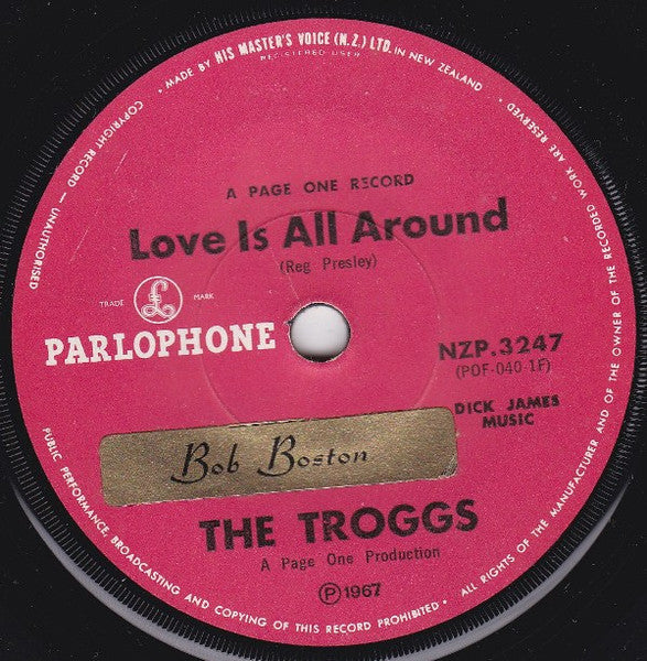 Image of Front Cover of 7" - VG/VG - THE TROGGS, Love Is All Around / When Will The Rain Come (Parlophone ; NZP.3247, New Zealand 1967, Company Sleeve), Strong VG, Sleeve Creased And Stained,  - 4126498E