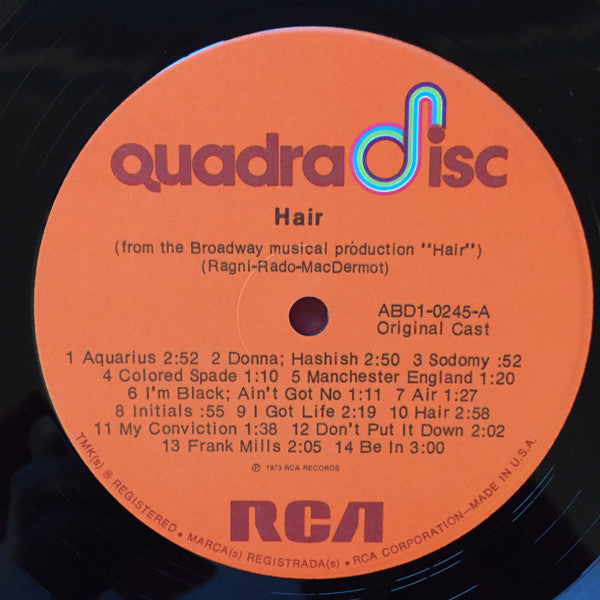 Image of Label Cover of LP - VG/VG - VARIOUS, Hair (The American Tribal Love-Rock Musical) (RCA; ABD1-0245, US 1973 Reissue, Quadraphonic), ,  - 4226036E