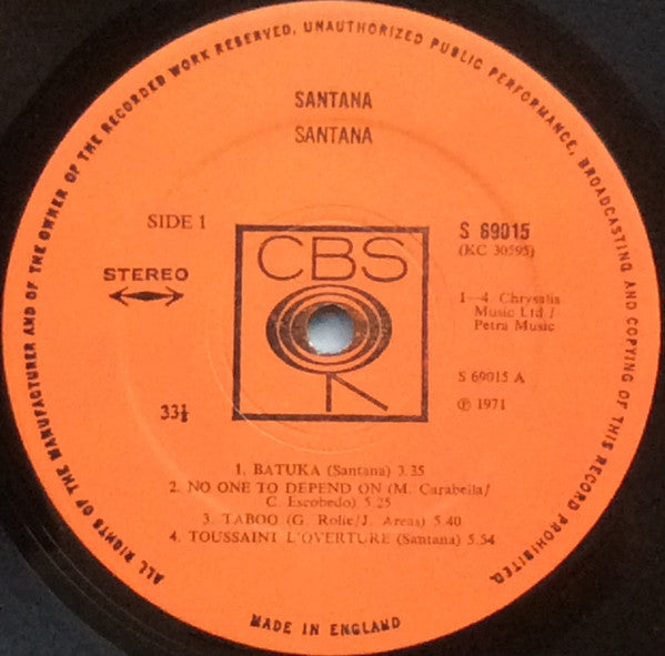 Image of Label Cover of LP - VG+/VG+ - SANTANA, Santana (Third Album) (CBS Smooth Orange (33 1/3 On Label); 69015, UK 1971, Gatefold, No Gold Title Sticker), Gold Promo Stamp On Rear Sleeve,  - 4226066E