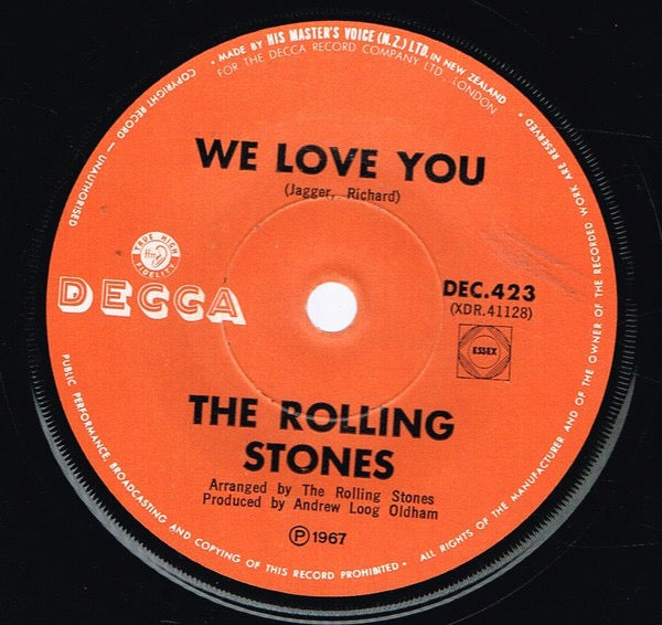 Image of Front Cover of 7" - /VG - THE ROLLING STONES, We Love You / Dandelion (Decca ; DEC.423, New Zealand 1967, Plain Sleeve, 'Dandelio' Misprint On B-side Which Has Been Corrected With Hand Written N), Strong VG,  - 4126494E