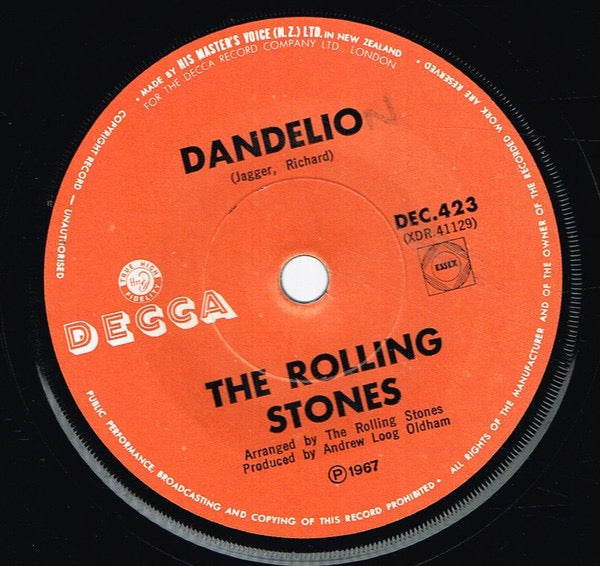 Image of Back Cover of 7" - /VG - THE ROLLING STONES, We Love You / Dandelion (Decca ; DEC.423, New Zealand 1967, Plain Sleeve, 'Dandelio' Misprint On B-side Which Has Been Corrected With Hand Written N), Strong VG,  - 4126494E