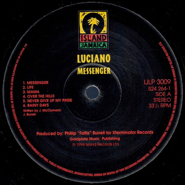 Image of Label Cover of LP - VG/VG+ - LUCIANO, Messenger (Island Jamaica; IJLP 3009, UK 1996, Inner), ,  - 4216235C