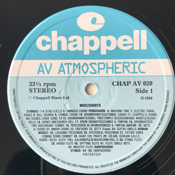 Image of Label Cover of LP - VG/VG+ - VARIOUS, Atmospheric - Misc/Shorts (Chappell; CHAP AV 020, UK 1986), ,  - 4246130S