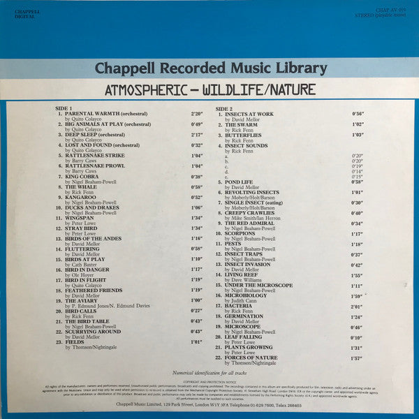 Image of Back Cover of LP - VG/VG+ - VARIOUS, Atmospheric - Wildlife/Nature (Chappell; CHAP AV 019, UK 1986), ,  - 4246155S