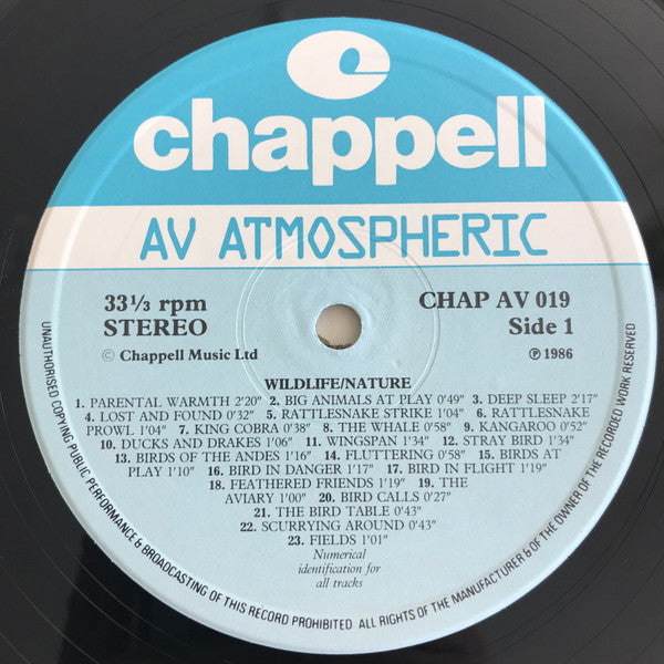 Image of Label Cover of LP - VG/VG+ - VARIOUS, Atmospheric - Wildlife/Nature (Chappell; CHAP AV 019, UK 1986), ,  - 4246155S