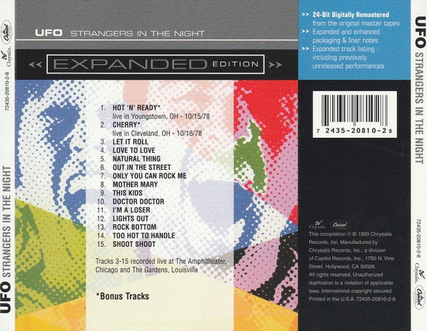 Image of Back Cover of CD - VG+/VG+ - UFO, Strangers In The Night (Chrysalis; 72435-20810-2-8, US 1999, Jewel Case), ,  - 4236057E