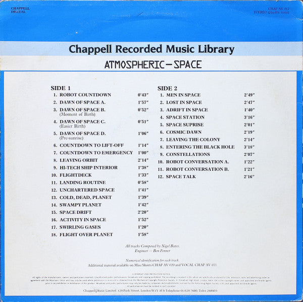 Image of Back Cover of LP - VG/VG+ - NIGEL BATES, Space (Chappell; CHAP AV 014, UK 1986), Stickered Sleeve,  - 4246160S