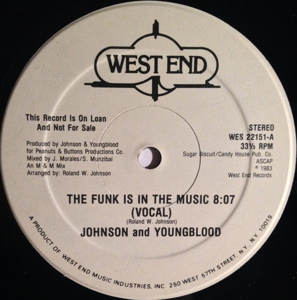 Image of Front Cover of 12" - EX/VG - JOHNSON AND YOUNGBLOOD, The Funk Is In The Music (West End Records; WES 22151, US 1983, Promo), Light blemish on side 2. Plays well. Sleeve still in shrinkwrap (opened).,  - 4246168S