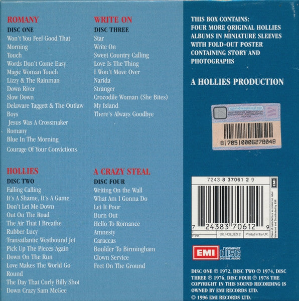 Image of Back Cover of 4xCD - VG+/VG+ - THE HOLLIES, Four More Hollies Originals (EMI; 724383706129, UK 1996, Box Set, 4 Inners, Poster), ,  - 4236061E