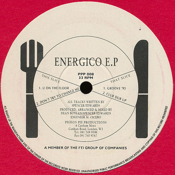 Image of Front Cover of 12" - /VG+ - ENERGICO, Energico E.P. (Pigeon Pie Productions ; PPP 008, UK 1993), red sleeve w/ press release sheet,  - 4246204S