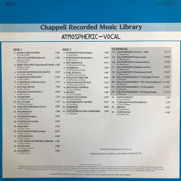 Image of Back Cover of LP - VG/VG+ - VARIOUS, Atmospheric-Vocal (Chappell; CHAP AV 011, UK 1986), ,  - 4246163S