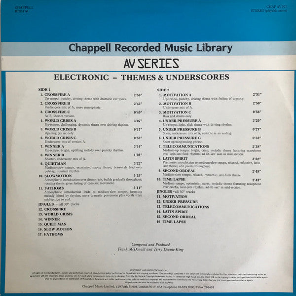 Image of Back Cover of LP - VG/VG+ - FRANK MCDONALD / TERRY DEVINE-KING, Electronic Themes & Underscores (Chappell; CHAP AV 027, UK 1987), ,  - 4246164S