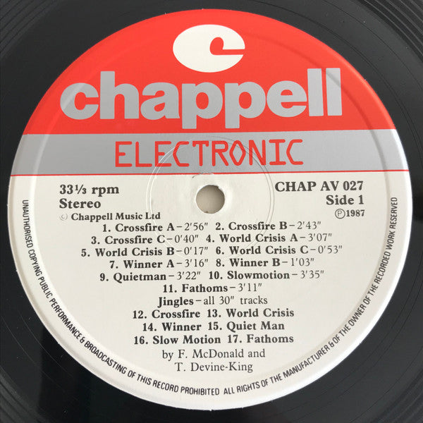 Image of Label Cover of LP - VG/VG+ - FRANK MCDONALD / TERRY DEVINE-KING, Electronic Themes & Underscores (Chappell; CHAP AV 027, UK 1987), ,  - 4246164S