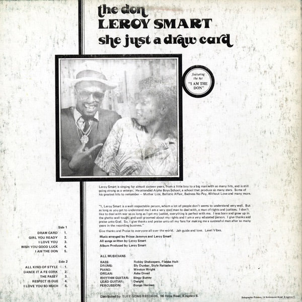 Image of Back Cover of LP - VG/VG+ - LEROY SMART, She Just A Draw Card (WWS Records; JLLP-019, Jamaica 1982), ,  - 4216242C