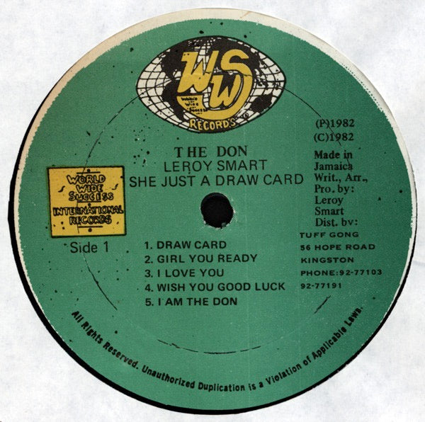 Image of Label Cover of LP - VG/VG+ - LEROY SMART, She Just A Draw Card (WWS Records; JLLP-019, Jamaica 1982), ,  - 4216242C