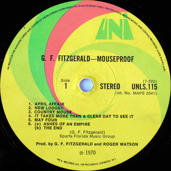 Image of Label Cover of LP - G+/G - G.F. FITZ-GERALD, Mouseproof (Uni; UNLS 115, UK 1970, Gatefold, Insert), Plays OK with some surface noise, Some Damp Damage to Sleeve,  - 4226075E