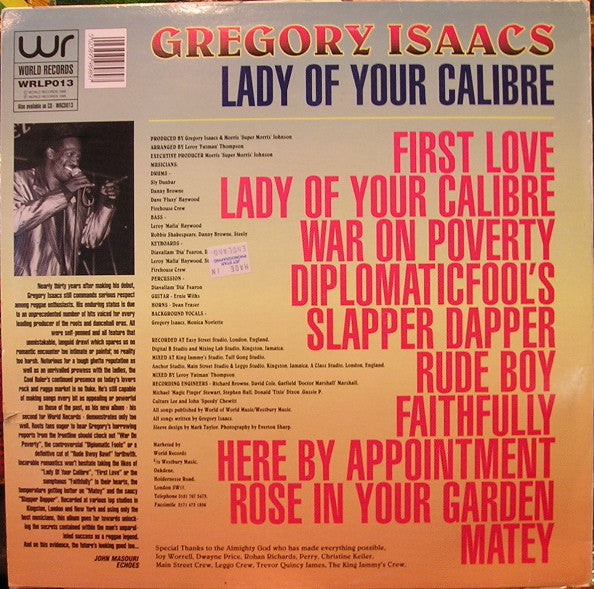 Image of Back Cover of 12" - VG/VG+ - GREGORY ISAACS, Lady Of Your Calibre (World Records; WRLP013, UK 1995), ,  - 4246153S