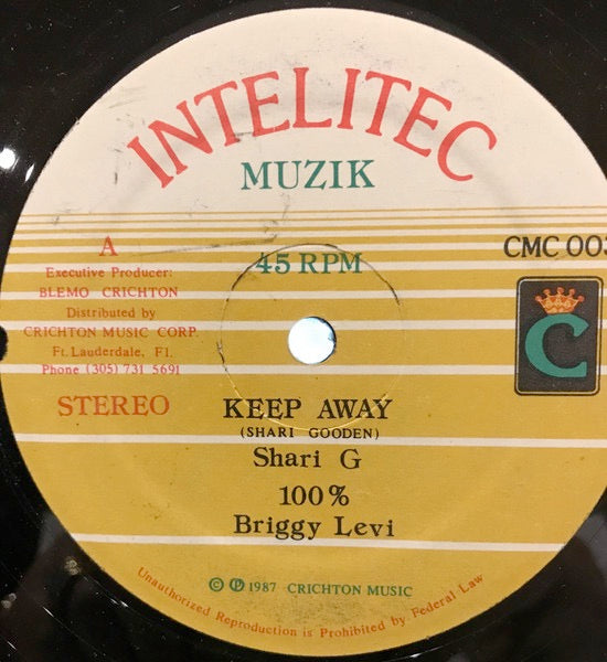 Image of Label Cover of 12" - EX/EX - SHARI G / BRIGGY LEVI, Keep Away / 100% (Intelitec Muzik; CMC 003, US 1987, Company Sleeve), ,  - 4216279C