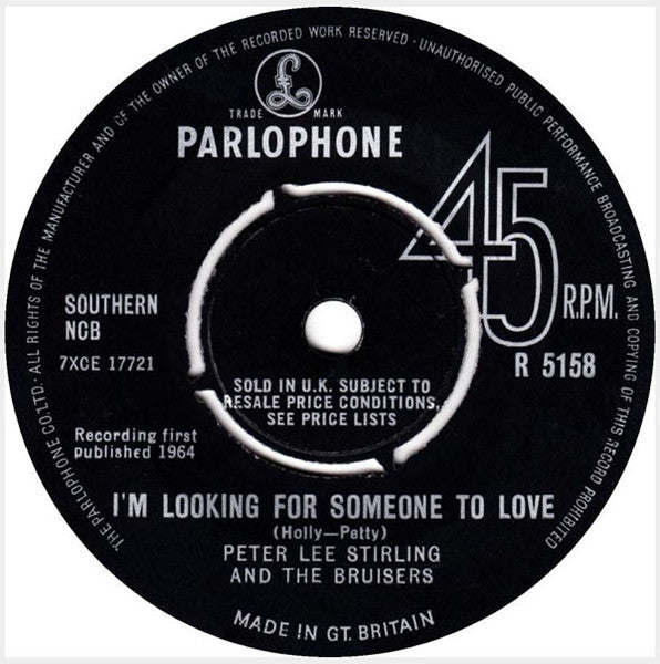 Image of Back Cover of 7" - VG+/EX - PETER LEE STIRLING AND THE BRUISERS, Sad, Lonely And Blue / I'm Looking For Someone To Love (Parlophone ; R 5158, UK 1964, Company Sleeve), Sticker Stuck to Label, Catalog Number Written On Sleeve,  - 4226138E