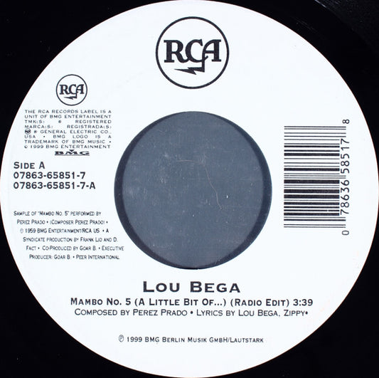 Image of Front Cover of 7" - /EX - LOU BEGA, Mambo No. 5 (A Little Bit Of...) / Beauty On The TV-Screen (RCA ; 07863-65851-7, US 1999), ,  - 4226137E