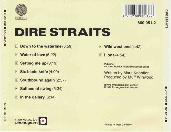 Image of Back Cover of CD - VG+/VG - DIRE STRAITS, Dire Straits (Vertigo; 800 051-2, Europe 1983 Reissue, Jewel Case), ,  - 4236075E