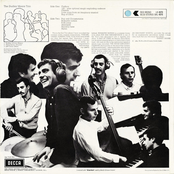 Image of Back Cover of LP - VG/VG+ - THE DUDLEY MOORE TRIO, The Dudley Moore Trio (Decca Blue Unboxed; SKL 4976, UK 1969, Laminated Front Sleeve With Indicator Hole, Company Inner, Stereo), Some light marks to back cover and small piece of tape to top corner, disc has one or two light hairlines,  - 3026048E