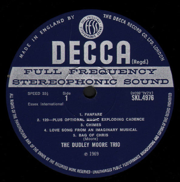 Image of Label Cover of 2844138S: LP - THE DUDLEY MOORE TRIO, The Dudley Moore Trio (Decca Blue Unboxed; SKL 4976, UK 1969, Laminated Front Sleeve With Indicator Hole, Company Inner, Stereo) Split Seam  G+/G