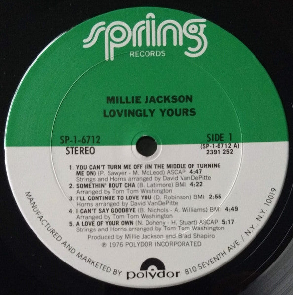 Image of Label Cover of LP - EX/EX - MILLIE JACKSON, Lovingly Yours (Spring Records; SP-1-6712, US 1976), ,  - 4246181S