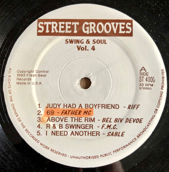 Image of Front Cover of LP - /G+ - VARIOUS, Swing & Soul Vol. 4 (Fresh Beat Records; ST 4000, US 1993), Marks on disc. Long marks accross Side A but don't affect play., A1 - Riff - Judy Had A BoyfriendA2 - Father MC - 69A3 - Bell Biv Devoe - Above The RimA4 - F.M.C - R & B SwingerA5 - Sable - I Need AnotherB1 - Zapp -Slow & EasyB2 - Eric Gable -Driving Me CrazyB3 - J-Reale - Do YaB4 - Y.T. Style - Its OKB5 - U.N.V. - Somethings Going On - 4246182S