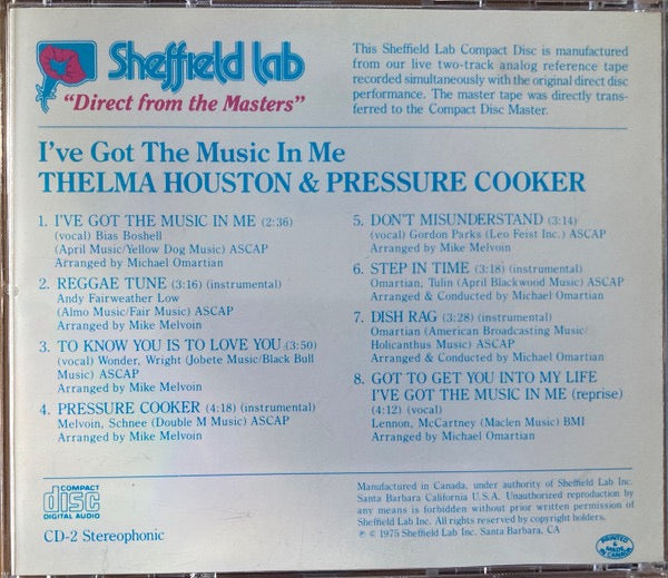 Image of Back Cover of CD - VG+/VG+ - THELMA HOUSTON & PRESSURE COOKER, I've Got The Music In Me (Sheffield Lab; CD-2, Canada , Jewel Case), ,  - 4236079E